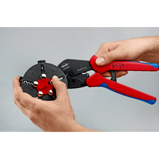 KNIPEX 973301 MultiCrimp Pákové lisovacie kliešte s výmenným zásobníkom s multi-komponentnými úchopmi leštené 250 mm